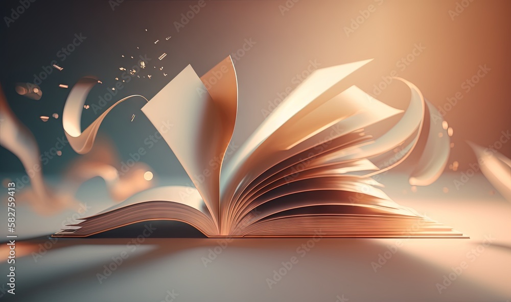 Poster an open book with flying pages on a table