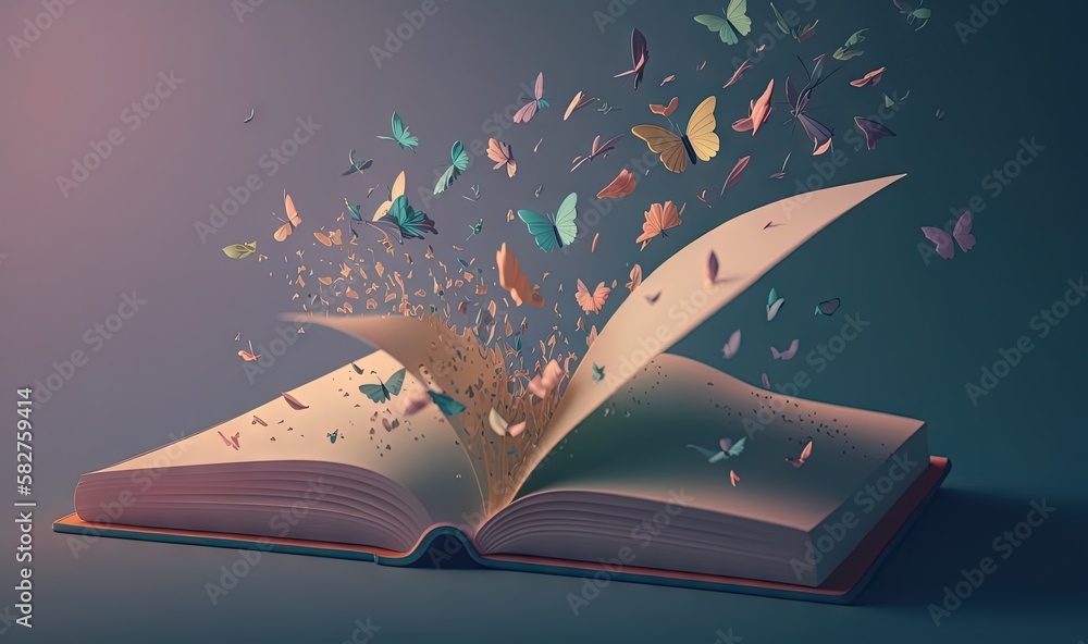 Poster an open book with butterflies flying out of it on a blue background with a bookmark in the shape of 