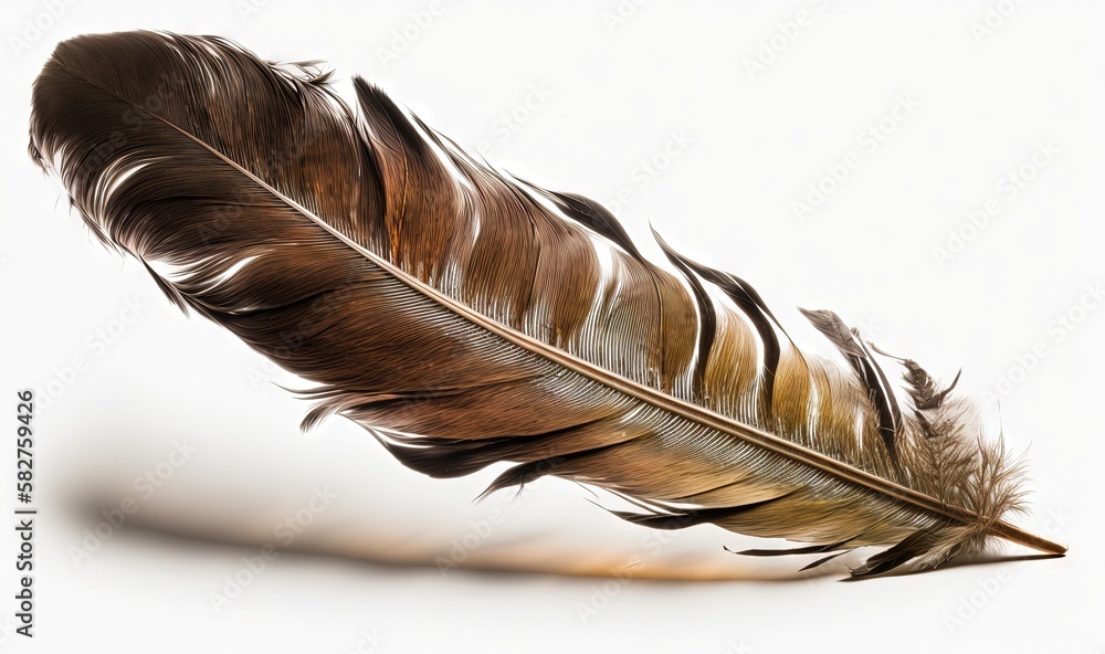 Poster a brown feather is laying on a white surface with a light reflection on it's surface and a shadow of