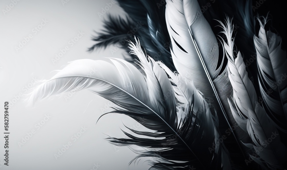 Poster a black and white photo of a group of feathers on a gray background with a light shining through the