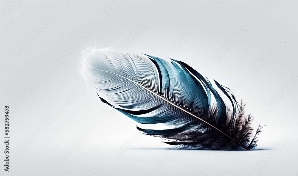 Poster a single feather on a white surface with a light reflection on it's surface and a light reflection o