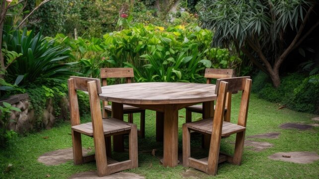 Home design table and chairs in garden, generative ai
