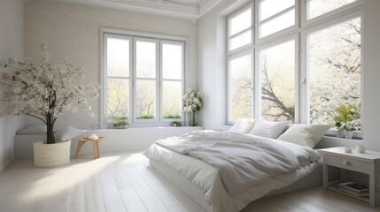 Fototapeta premium Modern bed room with a window and flowers. generative ai