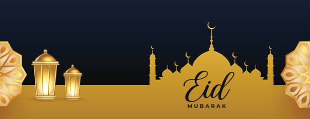 eid mubarak islamic holiday banner with realistic lamp