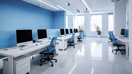 Fototapeta na wymiar Office company in white and blue colors. Open space for a call center, workshop or coworking space. Computer class with ergonomic arrangement of work areas. generative ai
