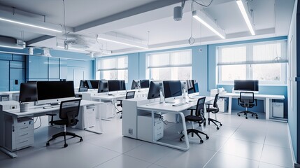 Office company in white and blue colors. Open space for a call center, workshop or coworking space. Computer class with ergonomic arrangement of work areas. generative ai