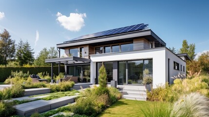 Fototapeta na wymiar Solar panels on the roof of a beautiful modern home. generative ai