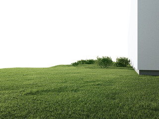 House with concrete wall near empty grass floor. 3d rendering of green lawn in modern home.