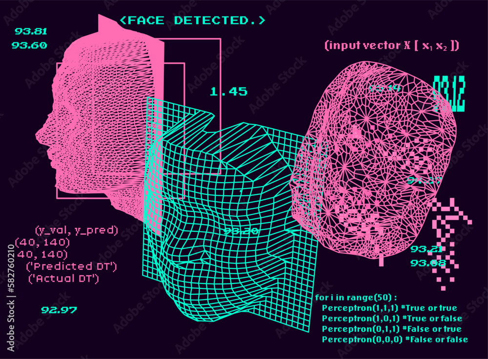 Poster 3d face made of a polygonal mesh. conceptual illustration of face recognition systems.
