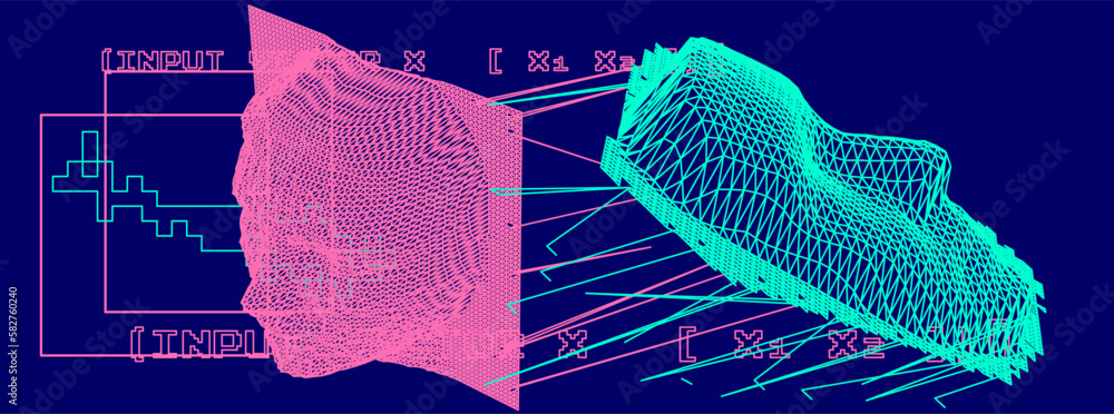 Poster 3D face made of a polygonal mesh. Conceptual illustration of face recognition systems. 