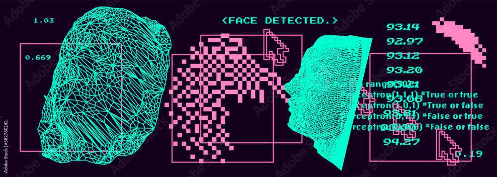 Poster 3d face made of a polygonal mesh. conceptual illustration of face recognition systems.