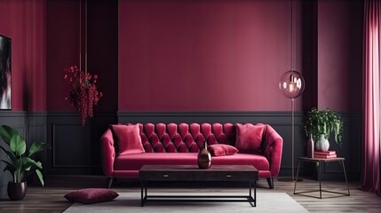 Viva magenta is a trend colour in the luxury living lounge. Painted mockup wall for art - crimson red burgundy colour. Blank modern room design interior home. generative ai