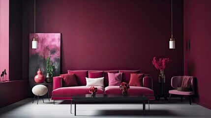 Viva magenta is a trend colour in the luxury living lounge. Painted mockup wall for art - crimson red burgundy colour. Blank modern room design interior home. generative ai