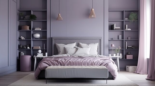 Very peri interior design. Bedroom in lavender colors. Large bed and shelves. Empty painted wall background blank. generative ai