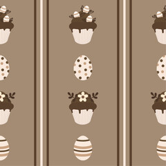 Cute pattern with Easter sweets. Pattern for Easter. Pattern with chocolate cupcakes and eggs. Easter card.
