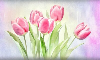 Beautiful pink tulips on a fuzzy background, generative AI
