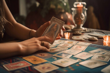 closeup of a woman's hands reading tarot cards at a table a mystical environment, generative ai - obrazy, fototapety, plakaty