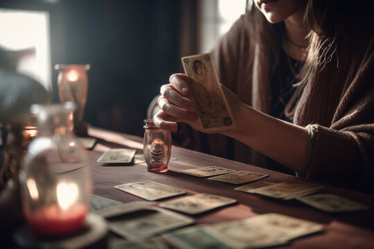 closeup of a woman's hands reading tarot cards at a table a mystical environment, generative ai
