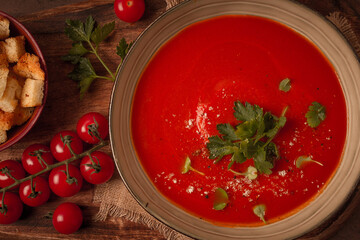 tomato soup, with herbs and spices, homemade, no people,