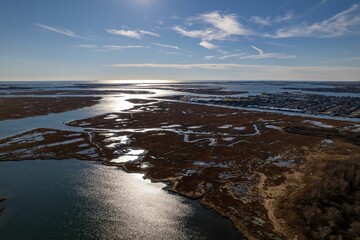 Aerial view of the salt marsh area of Freeport, NY on a sunny day