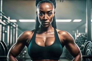 Fototapeta na wymiar Young black impressive woman with strong muscles, delicate braids and large bust looks with a serious face in a gym, made with generative ai