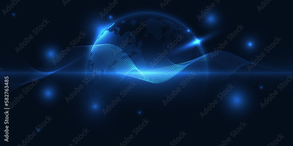 Poster vector illustrations of hologram hi tech globe floating on futuristic digital circuit line and glowi