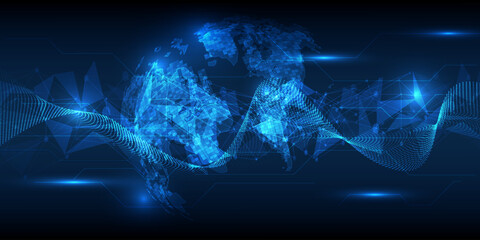 Vector illustration of data steaming 
dots network waveform pass over futuristic globe for digital hi tech advertising and game artwork.Digital communication innovation and technology concepts. 