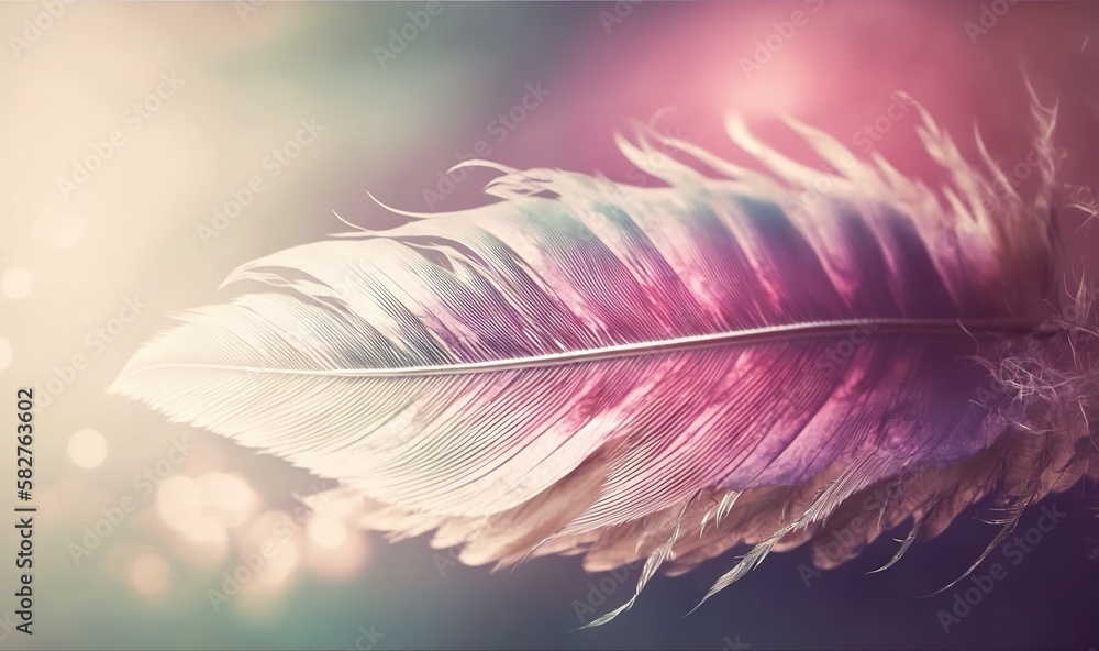 Poster a close up of a feather on a blurry background with a boke of light coming from the center of the fe
