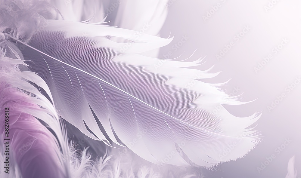 Poster a close up of a white feather on a purple and white background with a blurry effect to the left side