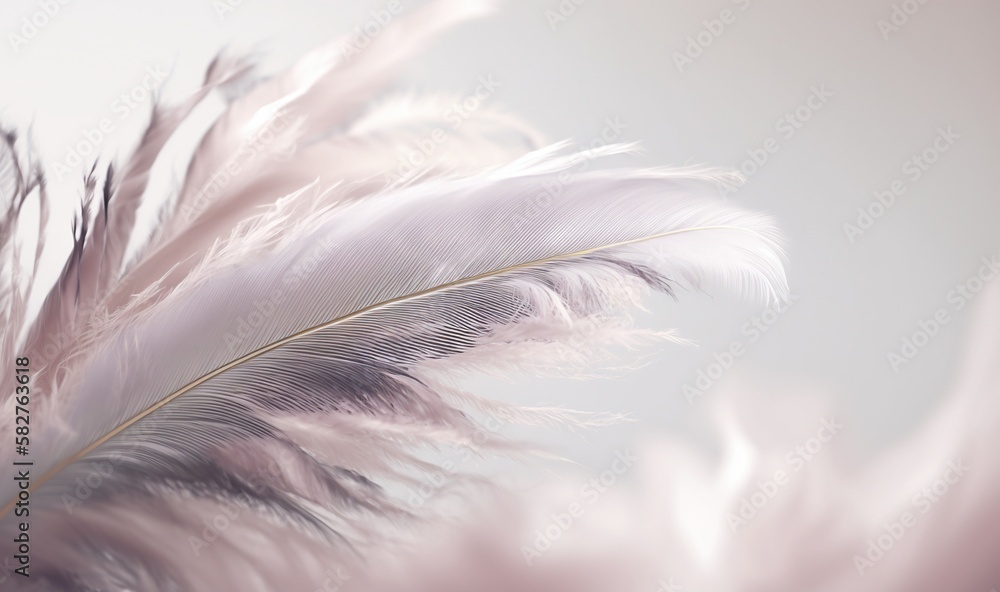 Poster a close up of a white feather on a white background with a blurry image of the feathers in the foreg