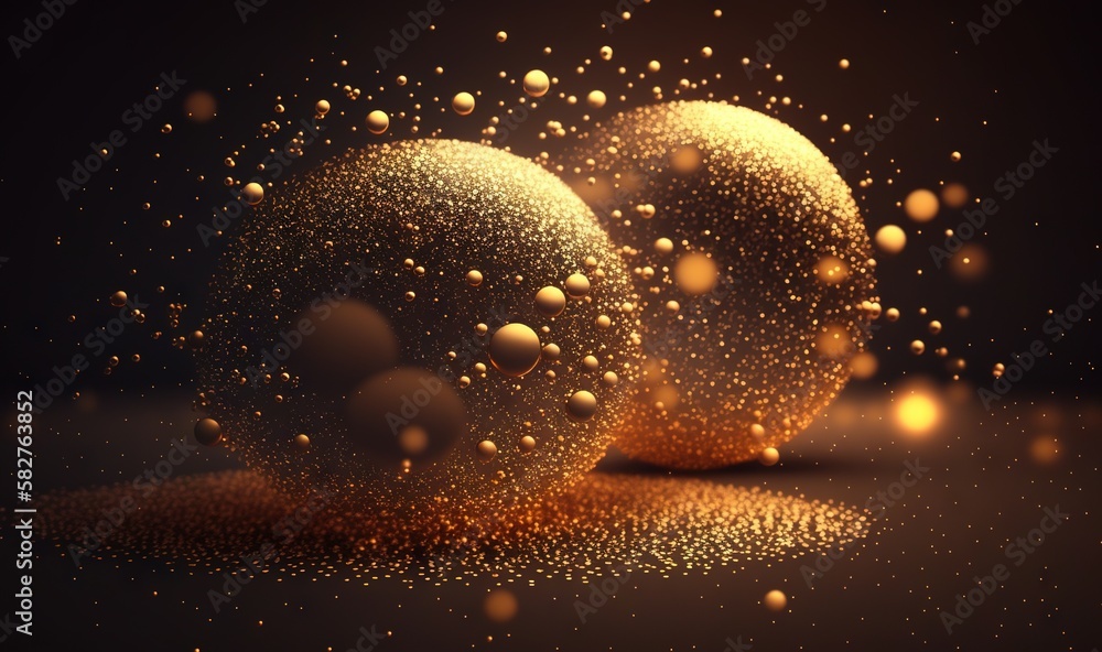 Poster a group of shiny balls on a dark background with bubbles of gold color on the surface and in the mid