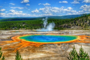 The Grand Prismatic Spring, Yellowstone National Park (the largest hot spring in the United States,...