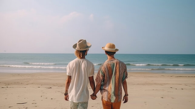 happy gay couple walking on the beach, celebrating love and freedom, generative ai