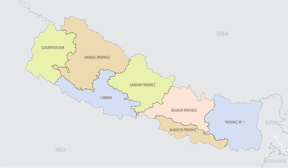 Fototapeta na wymiar Detailed map of Nepal with administrative divisions and borders of neighboring countries, vector illustration on white background