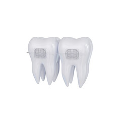 Teeth ceramic braces. Teeth alignment. Two white teeth with braces on a transparent background. PNG. 3d render