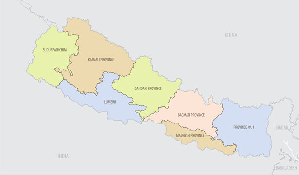 Detailed map of Nepal with administrative divisions and borders of neighboring countries, vector illustration on white background