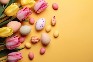 Fototapeta na wymiar Golden Easter eggs with Tulips on Yellow Background. generative ai.