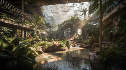 Fototapeta na wymiar lush tropical indoor garden with trees, misty greenhouse, generative ai