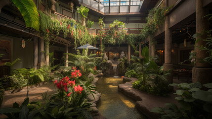 Fototapeta na wymiar lush tropical indoor garden with trees, misty greenhouse, generative ai