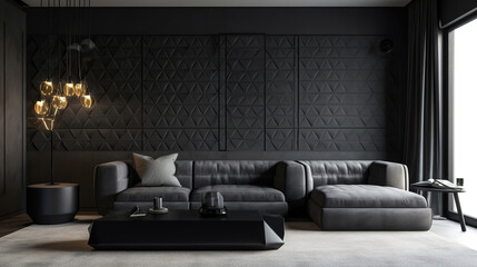 modern black luxury contemporary living room interior with furniture, generative ai