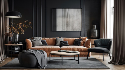 modern black luxury contemporary living room interior with furniture, generative ai