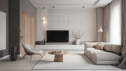 Naklejka na ściany i meble modern luxury contemporary living room interior with furniture, generative ai