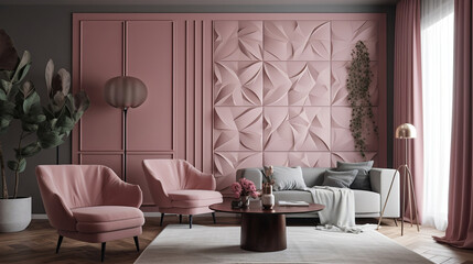 modern pink luxury contemporary living room interior with furniture, generative ai