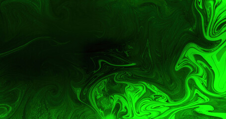 Fototapety  Fluid mix. Ink water. Acid liquid. Toxic poison. Neon green black color glowing oil paint blend marble swirl texture dark abstract art background.