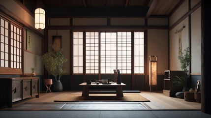 minimalistic interior of a traditional japan house, generative ai
