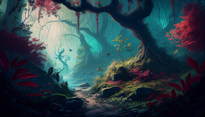 Fantasy magical forest path, landscape, night, generative AI