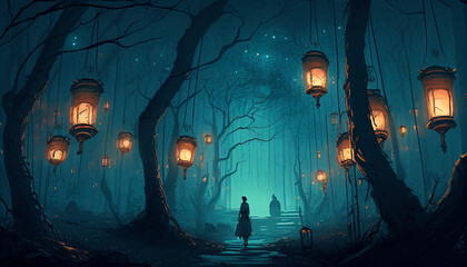 Fantasy magical forest path, lantern, night, blue light, generative AI