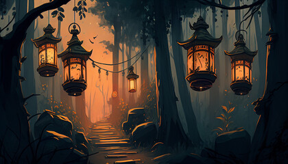 Fantasy magical stone forest path, lantern, night, generative AI