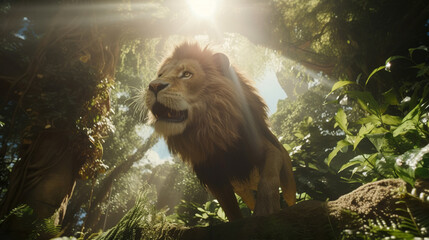 majestic lion in the forest, volumetric light, godrays, jungle scene, generative ai