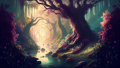Fantasy magical forest landscape, water path, generative AI